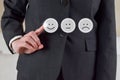 Business Woman Touching Smiley Face Emoji Concept - Customer Service, Ratings, Reviews