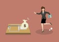 Business woman try to pick money from mousetrap Royalty Free Stock Photo