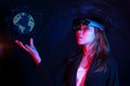 Business woman try vr glasses hololens in the dark room | Portrait of young asian girl experience ar | Future technology concept