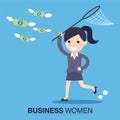 Business woman trying to catch money