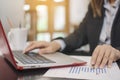 Business woman typing on laptop computer and point a graph with Royalty Free Stock Photo