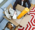 Business woman unpacking unboxing cardboard box box containing y