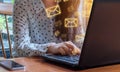 Business woman use tablet with email icons in work space.