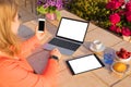Woman using different tech devices Royalty Free Stock Photo