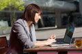 Business woman using laptop at cafe during break Royalty Free Stock Photo