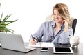 Business woman using laptop computer sitting at desk Royalty Free Stock Photo