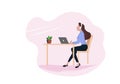 A business woman using a laptop computer sitting at a table wearing headphones To relax work process woman cartoon character flat