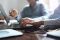 business woman using laptop hand typing on keyboard for meeting team in office. finance and accounting concept