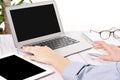 Business woman using laptop sitting at desk Royalty Free Stock Photo