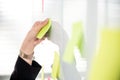 Business woman using post it note on glossy white board Royalty Free Stock Photo