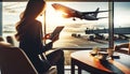 Business Woman Using Tablet in Airport Coffee Shop Royalty Free Stock Photo