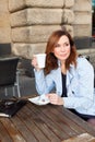 Business woman using tablet on lunch break. Royalty Free Stock Photo