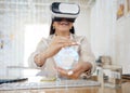 Business woman, virtual reality and globe for network in hands, holographic overlay or code for data in cyber metaverse