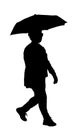 Business woman walking on the rain under umbrella after work vector silhouette illustration isolated on white. Royalty Free Stock Photo