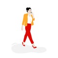 Business woman walking on the street with phone. Modern flat lay illustration. City lifestyle vector illustration