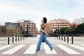 business woman walking talking by mobile phone Royalty Free Stock Photo