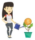 Business woman watering money flower.