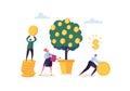 Business Woman Watering a Money Plant. Characters Collecting Golden Coins from Money Tree. Financial Pofit, Investment
