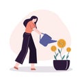 Business woman watering money tree. Female employee investing and saving cash. Money deposit. Girl save or hoard