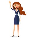 Business woman waving her hand flat cartoon vector illustration.