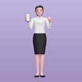 Business woman wearing black skirt and white shirt doing winning gesture with showing phone screen