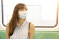 Business woman wearing face mask and sitting in subway train Royalty Free Stock Photo