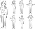 Business woman wearing a jacket, 7 poses 1, line drawing