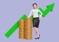 business woman in white shirt and black skirt leaning on pile of gold coins with growing statistics ornament on the back Royalty Free Stock Photo