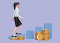 business woman in white shirt and black skirt walking up the stock chart with ornaments several piles of gold coins