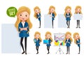 Business woman in whiteboard presentation vector character set. Businesswoman characters in presentation standing.