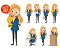 Business woman winning trophy characters vector set. Business manager character happy standing. Royalty Free Stock Photo