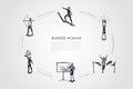 Business woman - women with star in hands, archery, with trophy, crossing finish, climbing on arrow up vector concept set