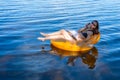 Business woman workaholic working sitting in an inflatable ring on the sea during the holidays, free space. Royalty Free Stock Photo