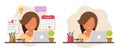 Business woman working busy entrepreneur multitasking icon vector graphic illustration, girl female person workload multi task on