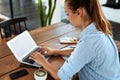 Business Woman Working On Computer At Cafe. Freelance Work, Comm Royalty Free Stock Photo