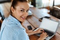 Business Woman Working On Computer At Cafe. Freelance Work, Communication Royalty Free Stock Photo