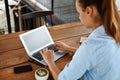 Business Woman Working On Computer At Cafe. Freelance Work, Communication Royalty Free Stock Photo