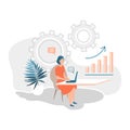 Business woman working on the computer in the office. Infographics, Scale analytics. Vector illustration flat design