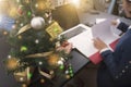 Business woman working on desk office concept office christmas Royalty Free Stock Photo