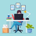 Business woman working at desk. Office interior with computer, laptop, documents, table lamp, coffee. Manager sitting on chair. Royalty Free Stock Photo