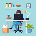 Business woman working at desk. Office interior with computer, laptop, documents, table lamp, coffee. Manager sitting on chair. Royalty Free Stock Photo