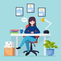 Business woman working at desk. Office interior with computer, laptop, documents, table lamp, coffee. Manager sitting on chair. Royalty Free Stock Photo