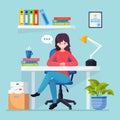 Business woman working at desk. Office interior with computer, laptop, documents, table lamp, coffee. Manager sitting on chair. Royalty Free Stock Photo