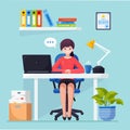 Business woman working at desk. Office interior with computer, laptop, documents, table lamp, coffee. Manager sitting on chair. Royalty Free Stock Photo