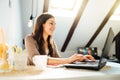 Business woman working from home on laptop computer.Checking email.Working from distance.Online business career.Writer editor.