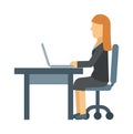 Business woman working on laptop computer at office table, business place computer, professional desk interior vector. Royalty Free Stock Photo