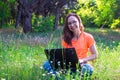 Business woman working on laptop outdoors. Royalty Free Stock Photo