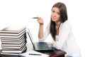 Business woman working laptop and pen in hand Royalty Free Stock Photo