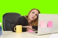 Business woman working at office laptop computer green chroma key screen Royalty Free Stock Photo