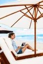 Business Woman Working Online On Beach. Freelance Computer Internet Royalty Free Stock Photo